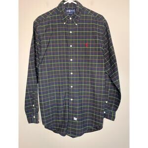 1990s Ralph Lauren Navy Yellow Red Window Pane Plaid Old Money Academic Shirt L